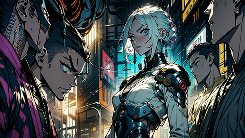 "Largest representation of feudal cyberpunk android, cabelos loiros e longos, body with robotic modifications, best qualityer, manga scene lighting, baddass character, rpg character, android, Woman, ex-machina, pretty, powerful, remaining, ancestor, female character, アニメ, reference: lucy of cyberpunk, ex-machinaof no game no life zero "