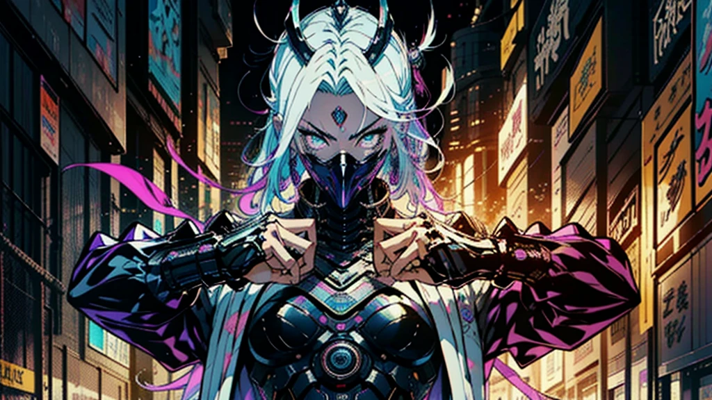 "Largest representation of feudal cyberpunk android, cabelos loiros e longos, body with robotic modifications, best qualityer, manga scene lighting, baddass character, rpg character, android, Woman, ex-machina, pretty, powerful, remaining, ancestor, female character, アニメ, reference: lucy of cyberpunk, ex-machinaof no game no life zero "