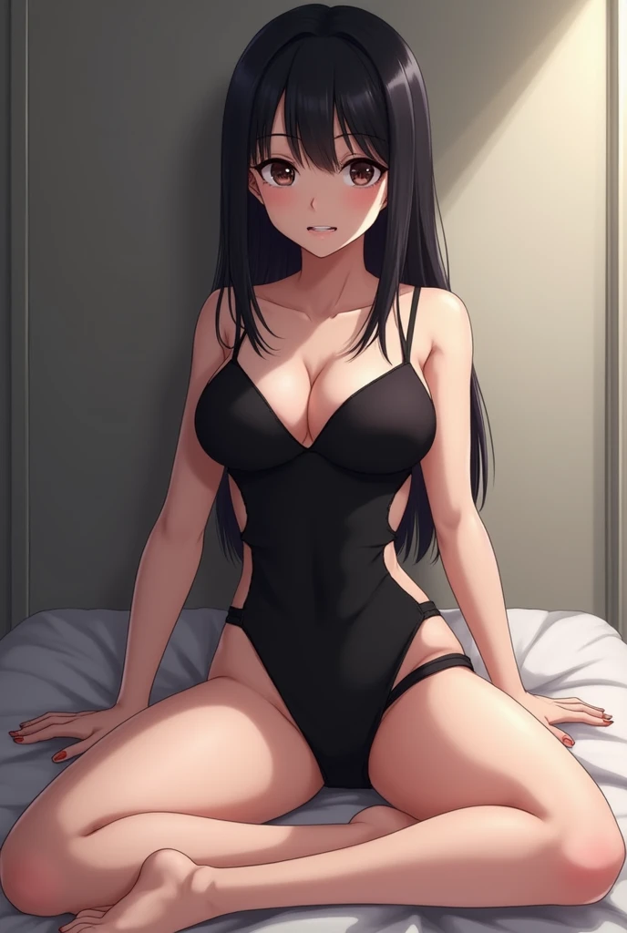 A brunette girl with curly hair and big breasts sits with her legs stretched out, taking a realistic photo generate a a pale white girl with black hair black eyes, medium breasts and medium ass, wearing a tight very very short skirt with no underwear and she is deliberately showing it to me, anime style, very very very cute black dress with her pussy slightly visible