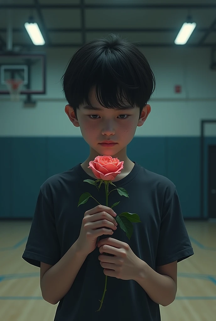 A young boy holding a rose flower in the gym after break up