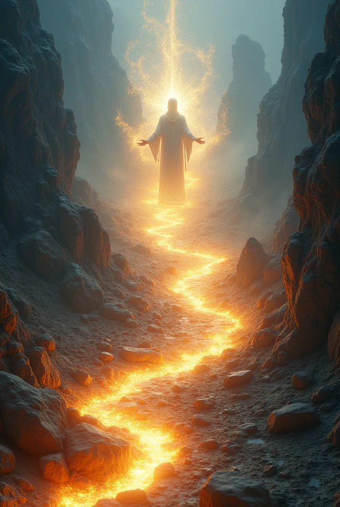 "Create a majestic image of God using divine power to shape a path. Depict God as a radiant, ethereal figure surrounded by a luminous, heavenly aura. Show God’s hands or divine energy actively molding and crafting a pathway through a barren or chaotic landscape. The path should appear as if it is being formed from the very essence of light and energy, gradually taking shape amidst the darkness or disorder. The surrounding environment should contrast with the illuminated path, perhaps featuring rugged terrain or turbulent elements that highlight the transformative power of God. Use soft, glowing lighting and vibrant colors to emphasize the creation of the path and the divine intervention guiding it."
