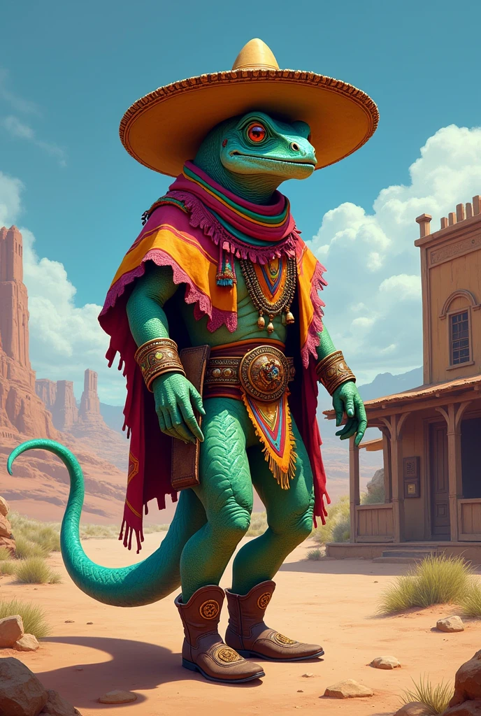 A humanoid chameleon in Mexican clothing. I'd like the art to be in a fantasy RPG style, set in the old west.