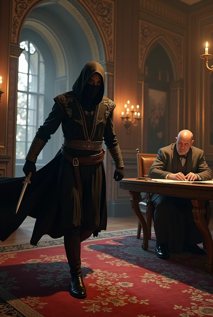 Create a highly detailed scene capturing a fidai from Hassan-i Sabbah's group executing a precise assassination in a medieval Persian setting. The scene is set in an opulent, but secluded, private chamber within a lavish palace or noble residence.
Scene Elements:
Fidai: The fidai is dressed in a sleek, dark, form-fitting outfit with a hood and mask to blend into the shadows. His clothing is adorned with subtle, intricate patterns that indicate his elite status within the group. He is in a low, stealthy stance, moving silently across the richly decorated carpet. His eyes, visible through his mask, are focused and intense. The fidai wields a small, ornate dagger with a jeweled hilt, poised for the assassination.
Target: The target, a high-ranking noble or official, is depicted in an elegant chamber, seated at a grand, ornate desk cluttered with valuable documents and a lit candelabrum. The target’s attire is luxurious, featuring rich fabrics and elaborate embroidery, signifying their status. The target is engrossed in work, unaware of the impending danger.
Assassination Action: Capture the exact moment when the fidai is about to strike, with the dagger raised or about to be plunged into the target. The fidai’s movement is swift and precise, illustrating the skill and training involved. The target’s expression is one of surprise or fear, frozen in time as the action unfolds.
Environment: The chamber is richly decorated, with lavish Persian carpets, golden accents, and intricate woodwork on the walls. Dim lighting from ornate chandeliers or wall sconces casts dramatic shadows, creating a stark contrast between the light and dark areas of the room. The walls should have luxurious tapestries or paintings that reflect the opulence of the setting.
Additional Details: Include subtle elements such as the soft glow of candlelight reflecting off polished surfaces, and the faint, muffled sounds of the night filtering through a slightly open window or door. The scene should