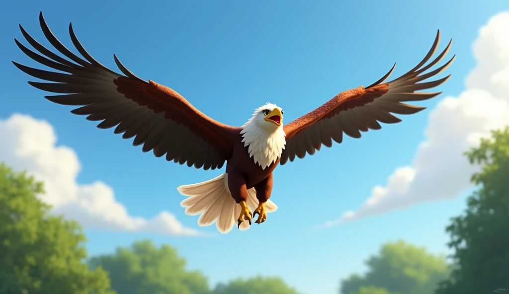 ((8k)), ((best qualityer)), ((work of art)), (detailded), Finally, Nile takes flight again. He flaps his wings hard and soars into the sky, with an expression of pure joy and overcoming. The sky is clear, with some white clouds in the distance, and the treetops stretch out beneath him. The gentle winds ruffle his feathers as he flies confidently. in Disney Pixar 3D style, the scene is vibrant and dynamic, capturing Nilo&#39;s emotion as he feels freedom again.