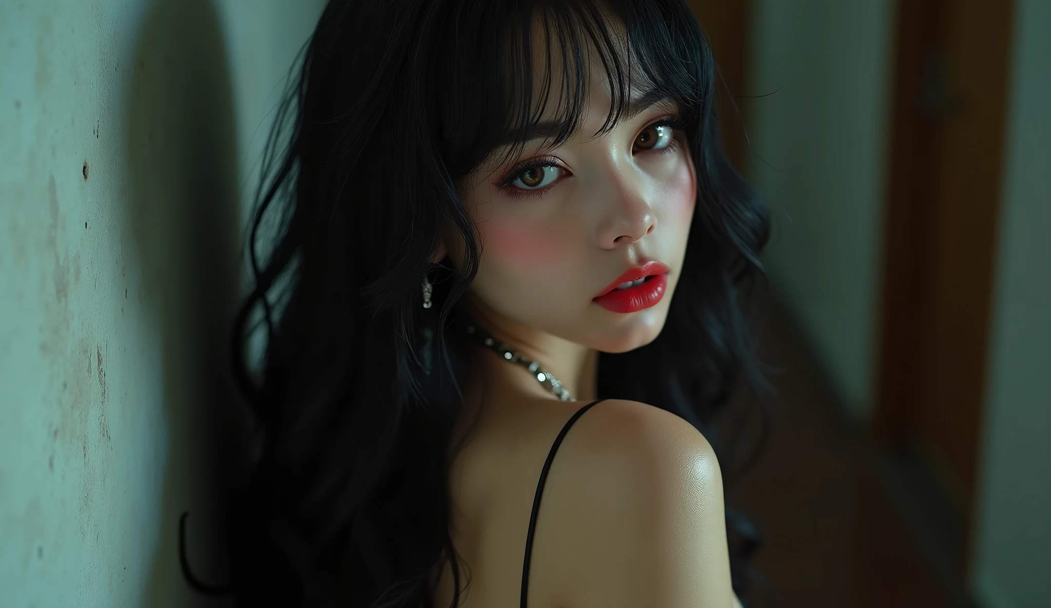 (best quality, ultra-detailed, photorealistic: 1.39), bright and vibrant colors, studio lighting, romantic expression, An effeminate girl, with a delicate and beautiful face. Beautiful and adult woman with her create a female sensual character twilight black hair matches the makeup, her brown eyes and mischievous red parted lips, with her large seductive breasts, cleavage, blonder hair, voluminous breasts, voluminous breasts, her brown eyes, seductive round ass, woman with black hair, black jacket, jeans, looking from behind with a serious look, created a seductive woman with large breasts seduces. She have a horny face, like a manwha character, chain details, walking in leaning pose in the hallway of the haunted apartment, seductive cleavage, manga style, anime features manga style, fully body