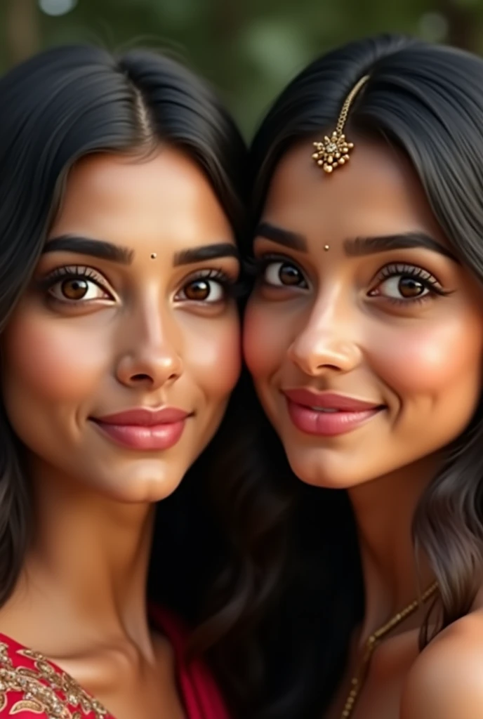 Create a realistic and stunning image of a 2 Indian woman. She has warm, glowing, medium-brown skin with a smooth texture. Her large, almond-shaped eyes are deep brown, with long, thick eyelashes framing them. Her eyebrows are slightly arched, full, and well-groomed, adding to her expressive gaze. Her nose is slender and slightly upturned, complementing the symmetry of her face. She has full, soft lips with a natural pink hue, slightly curved into a gentle, inviting smile. Her straight, jet-black hair cascades down to her shoulders, with a subtle shine, and a few strands gently frame her face. Her ears are delicately shaped, adorned with small, traditional gold earrings. The background should be softly blurred to keep the focus on her face, with natural lighting that highlights her features without any harsh shadows.