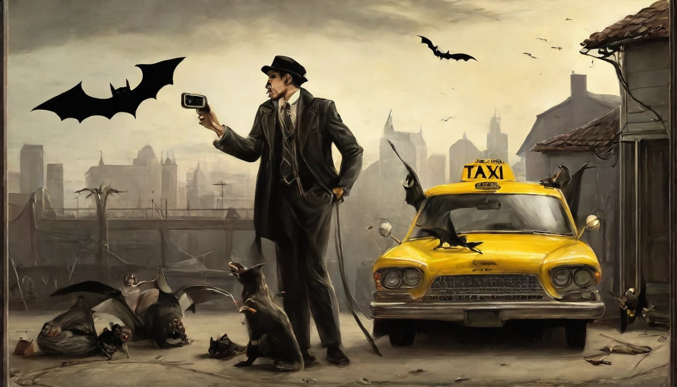 work of art, best qualityer, detailded, Ultra -HD,man is calling a taxi with his cell phone in his hand , the taxi is next to him.. his house has bats, He is in his underwear
