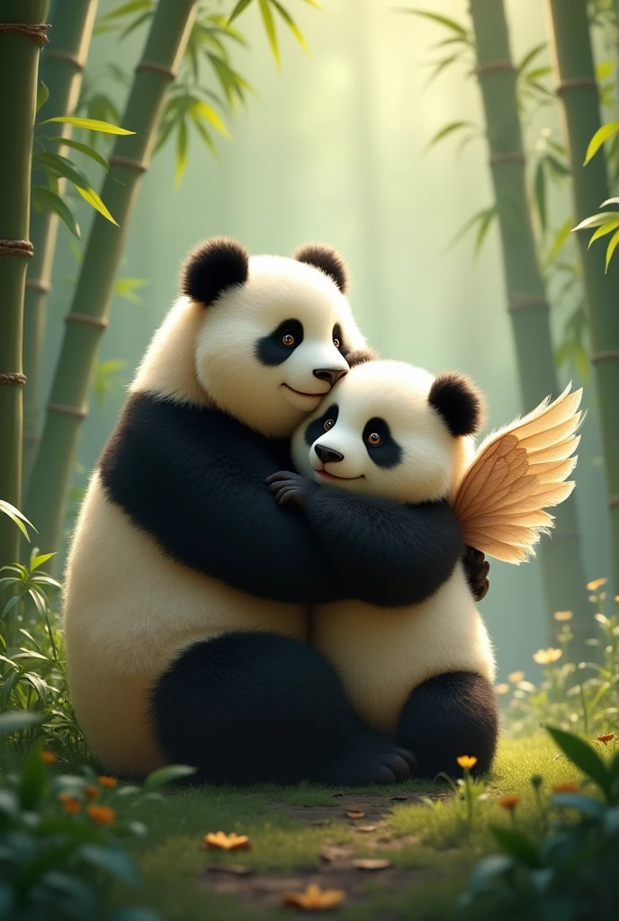 Generate a panda mom with her panda son with wings