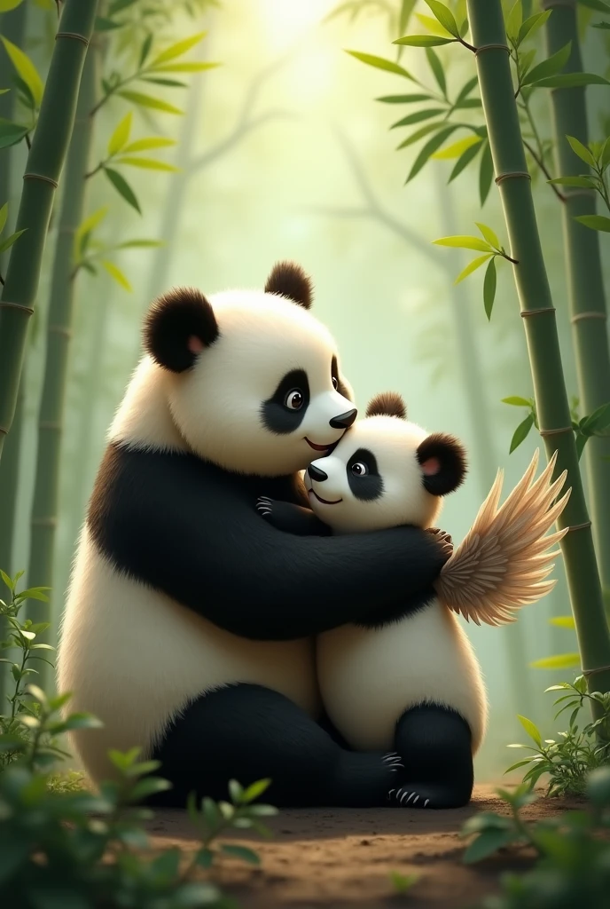 Generate a panda mom with her panda son with wings