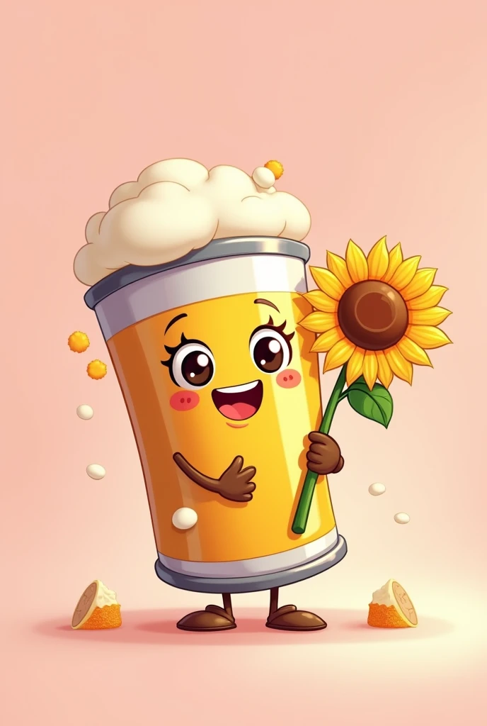 A cute cartoon beer holding a sunflower, background colour is cute pink