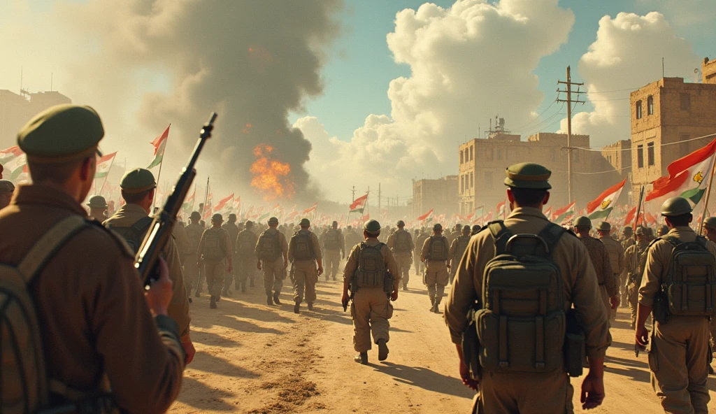 Description: A scene depicting the return of some of the Israelites to Palestine and the establishment of the modern state of Israel. Details: The establishment of the state of Israel can be shown with footage depicting the conflict between Jews and Palestinians, with a background reflecting conflict and tension.