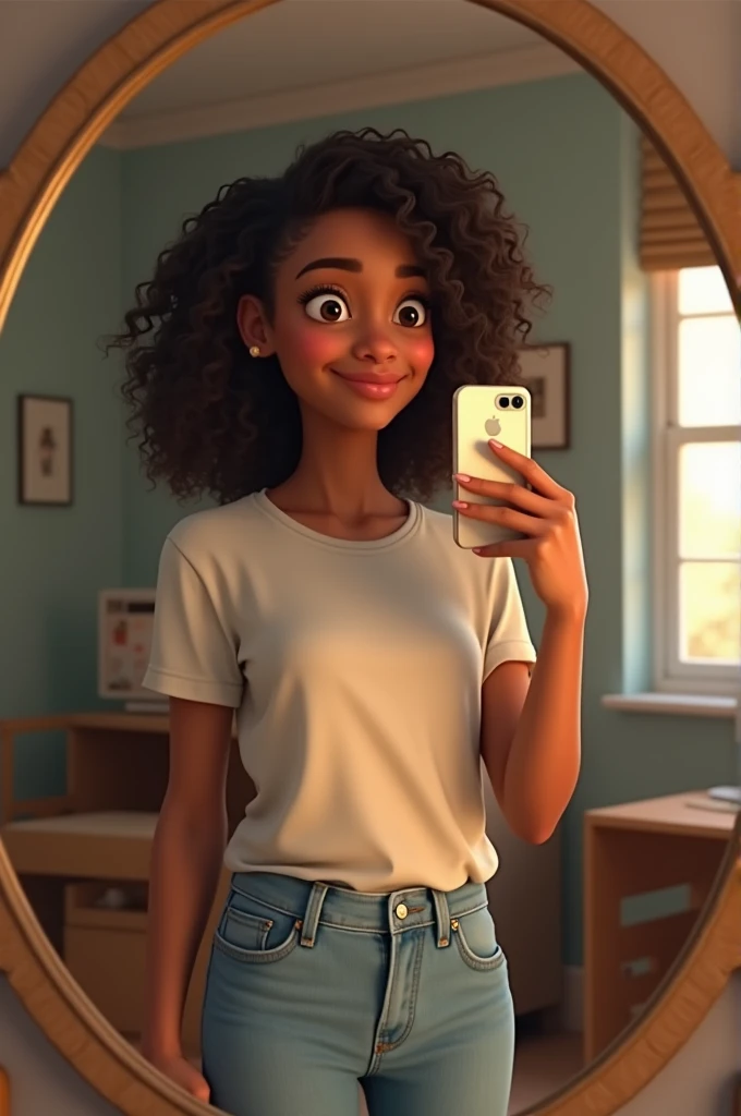 Generate a realistic image of a 1 girl named Nadia Johnson taking a mirror selfie. She has light brown skin, brown eyes, and shoulder-length curly dark brown hair. Nadia is holding a smartphone with one hand, smiling softly at the reflection. She’s dressed in a casual t-shirt and jeans. The setting is a tidy bedroom with a few personal items like a desk and a chair in the background. The lighting is soft and natural, coming from a window nearby