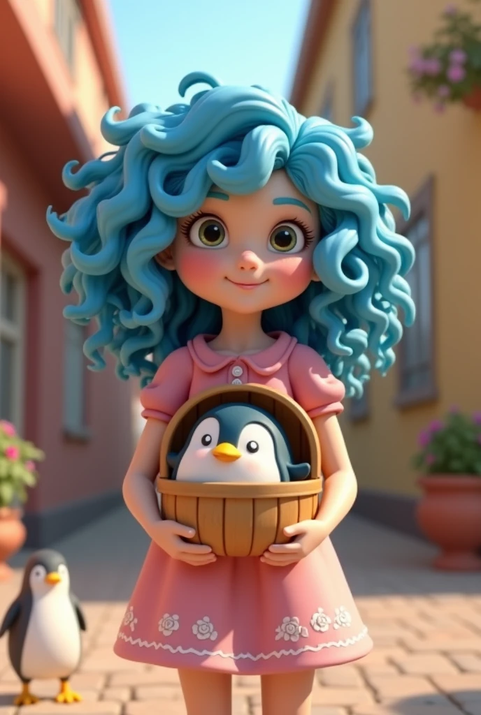 20 year-old girl with curly blue hair
A pink dress with pictures of white roses on it
A wooden basket with a penguin inside
Style 3D