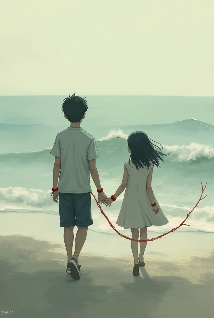 Swell and sand, A boy walking with his back to the girl and she with her back to him with her head to the side trying to look at him with a red thread on her wrists