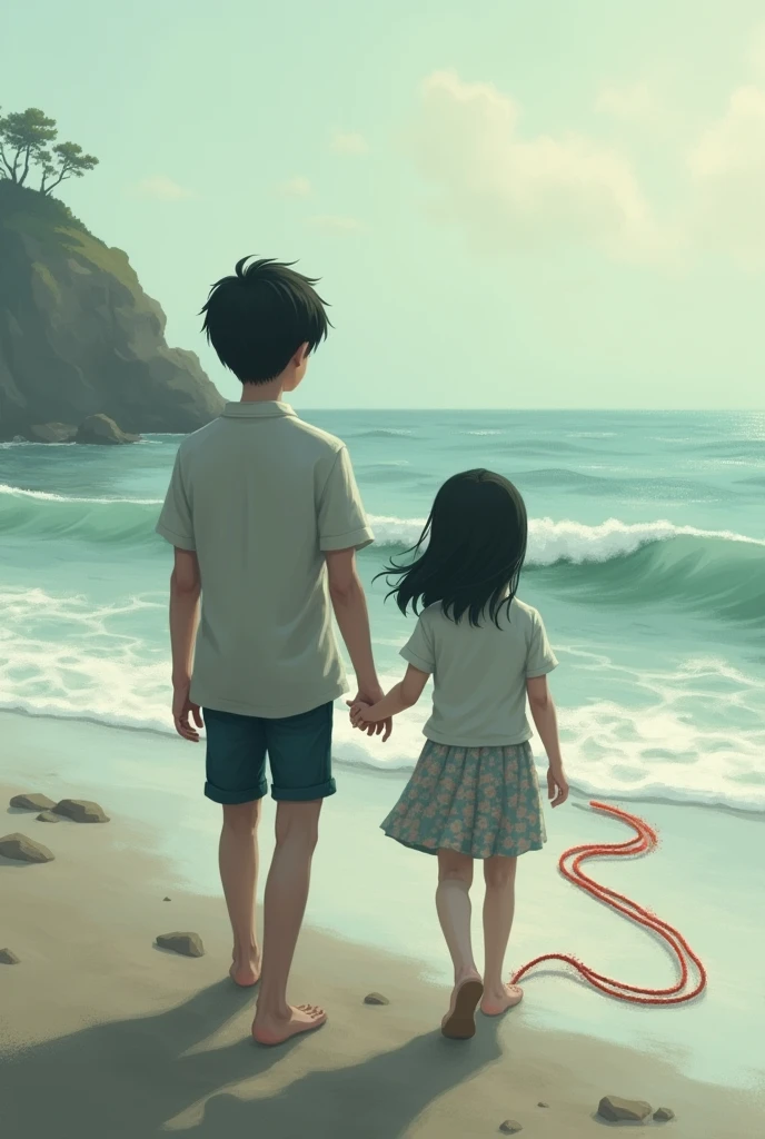 Swell and sand, A boy walking with his back to the girl and she with her back to him with her head to the side trying to look at him with a red thread on her wrists