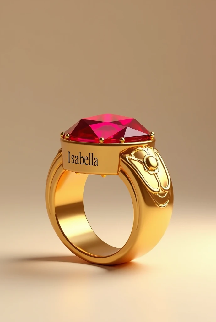 Thick gold ring with ISABELLA written on the outside with red stone