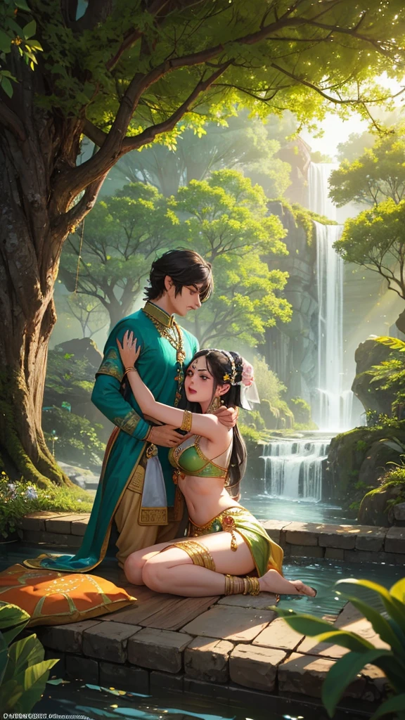 full lenght hiper 4k Think of it as a movie poster. In the Night Breeze, full length, a handsome, gentle young man, 25 years old, long black hair tied halfway down his head, no shirt, wearing a white and gold loincloth, and a beautiful, gentle young woman standing in front of him in a light blue Thai tube top, wearing a blue and gold sarong, a white and gold shawl, wearing blue jewelry, of a waterfall and mountains, sparkling light. 3D image, oil painting, sharp image. Art image of Ajarn Chalermchai.