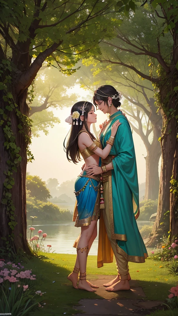 full lenght On a dark moonless night by the river bank, in the wind of the fireflies, tiny little ones flying around the edge of the forest, there is a beautiful, sweet, and gentle 25-year-old young woman standing with a slight smile. Her long, black hair flows smoothly. On both wrists she wears small white and gold snake bracelets. Beautiful gold hair accessories. In a pure white Thai dress, a glowing white shoulder cloth, pink. And there is a handsome young man with long black hair on his head, wearing a green loincloth, hugging the young woman from behind. His face is happy, high-octane. Dynamic profile, oil painting, 3D painting, art painting by Ajarn Chalermchai