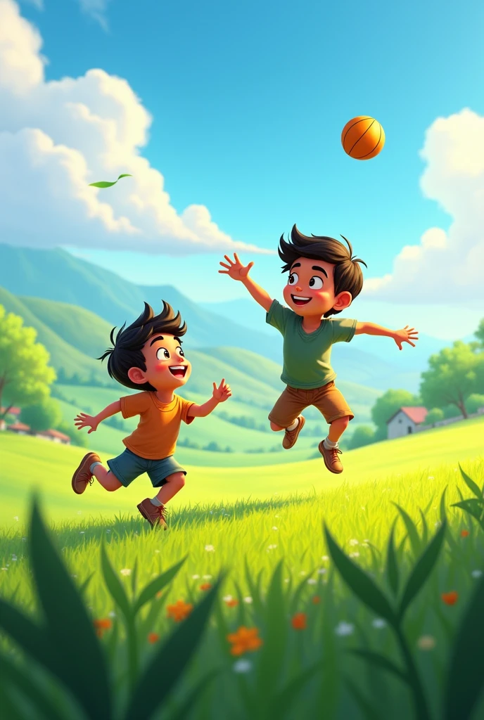 Rehan and Mani playing in the lush green fields of the village. Rehan is throwing a small ball, and Mani is leaping towards it, trying to catch it. The scene is filled with laughter and the warmth of a sunny day.