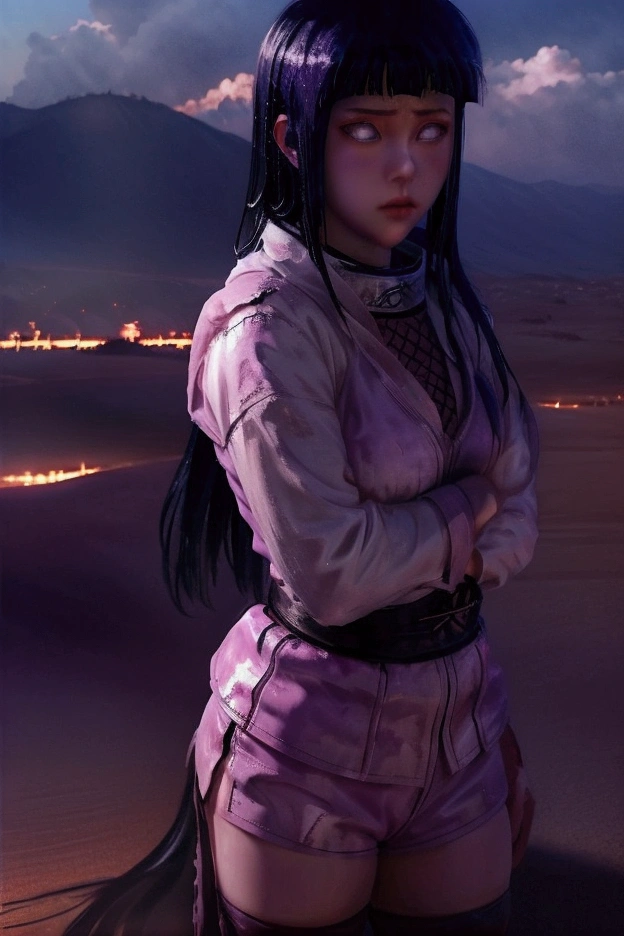 Hyper Realistic hinata standing still with bayakugan and destroyed desert in background
