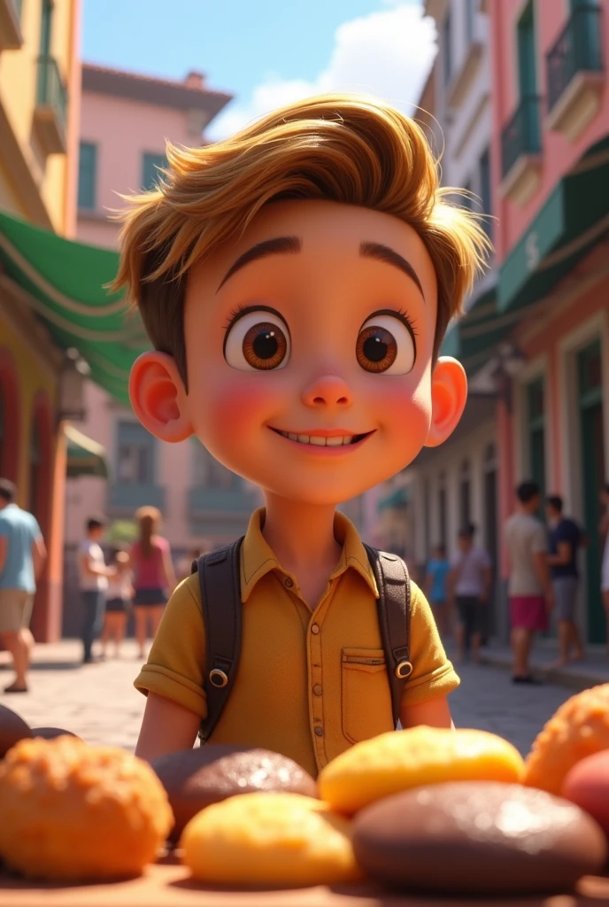 Raise a boy.Dark blonde hair combed to the side,social court,Pixar-style, need is selling colorful brigadeiro sweets. It's for a brand