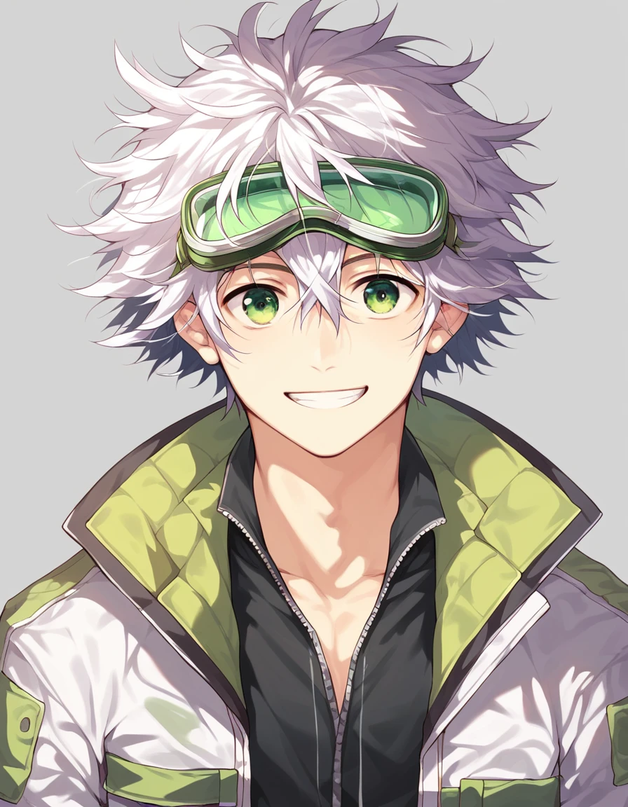 score_9, score_8_up, score_7_up, 1boy, solo, white hair, messy hair, green eyes, smiling, white jacket, green goggles