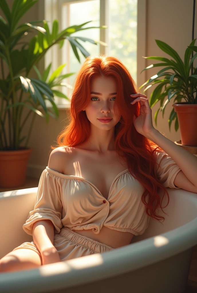  beautiful bredhead woman, in the bathtub , wearing loose off-shoulder top, pajama pants, long sraight hair, indoors, soft lighting, plants in background, window with sunlight, cozy room, relaxed pose, realistic, intricate details, warm colors,realistc 