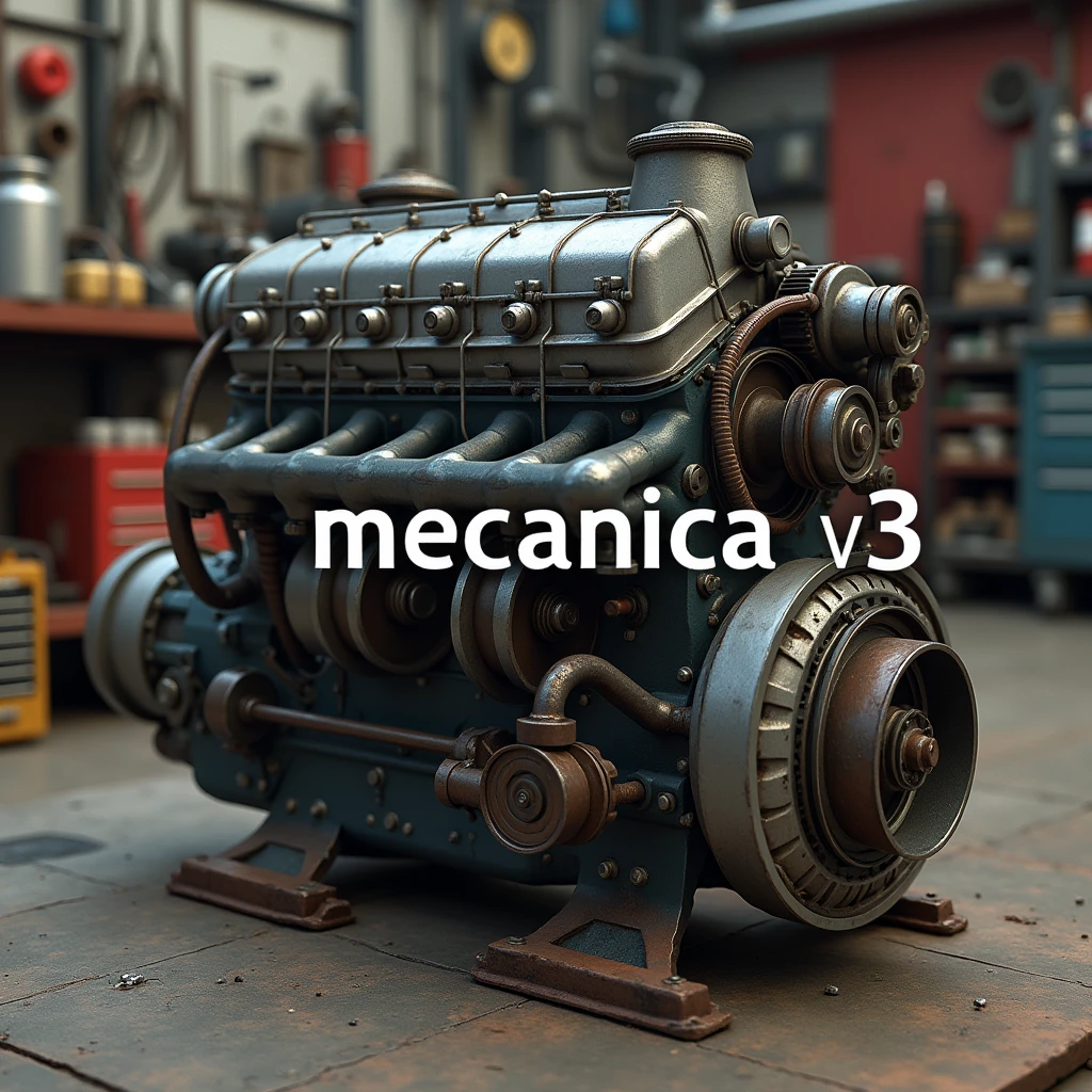 Photo of an engine in a mechanic shop is the title name in the middle, MECANICA V3