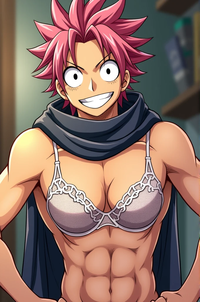 Natsu wearing Lucy's bra