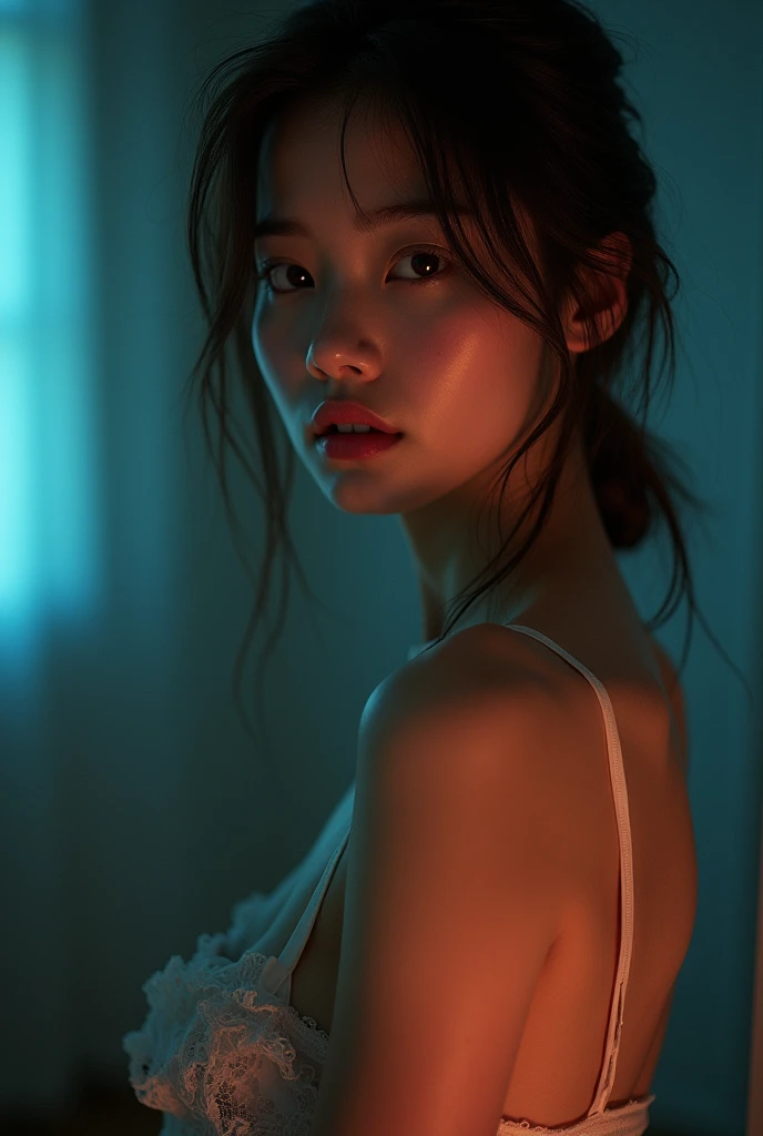 real photograph, (Top image quality, 8k, masterpiece), top-quality, 超A high resolution,Japan Girl, 18 year old, pretty face, lace bra, kawaii faces, Melancholy look, double eyelid、White breasts: 1.4、Bun Hair、night modern room、window, moon, Movie Lighting, Photorealsitic, real looking skin, NFSW, 35mm, Shot with Leica,
