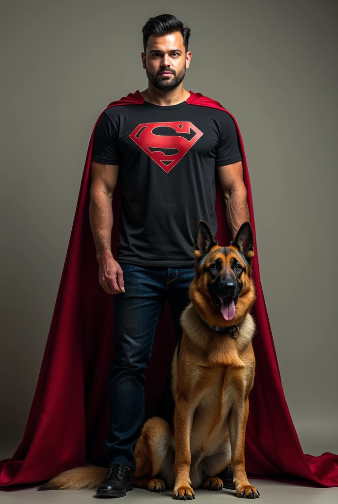 Man with inscription on his black t-shirt, and logo saying "Marcio Ruben", and with a cape, dressed as a superhero, next to german shepherd dog