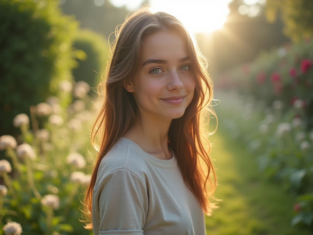 fot, taken from a distance that shows the entire body, She is very young, plein-air, em um jardim, short skirt and t-shirt, Caucasian skin, sad for a lost love, long brown hair, a softened wry smile - contained excitement, Soft lighting on your face, realistic skin-clothes-hair textures, sky blue eyes carpeted mist, beautiful real textures and delicate aesthetics, full body view, notable for natural feminine beauty, noise, 8 k quality, FOTO RAW, by professional photographer, rule of thirds, Extremely Detailed