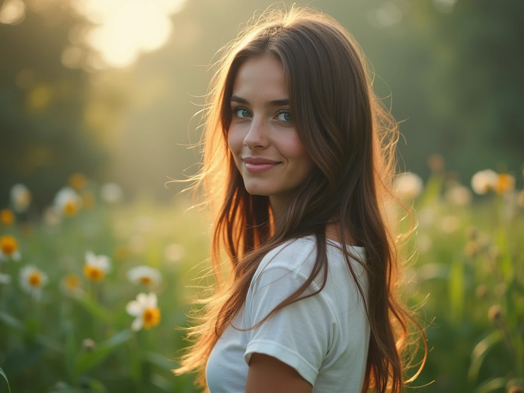 fot, taken from a distance that shows the entire body, She is very young, plein-air, em um jardim, short skirt and t-shirt, Caucasian skin, sad for a lost love, long brown hair, a softened wry smile - contained excitement, Soft lighting on your face, realistic skin-clothes-hair textures, sky blue eyes carpeted mist, beautiful real textures and delicate aesthetics, full body view, notable for natural feminine beauty, noise, 8 k quality, FOTO RAW, by professional photographer, rule of thirds, Extremely Detailed