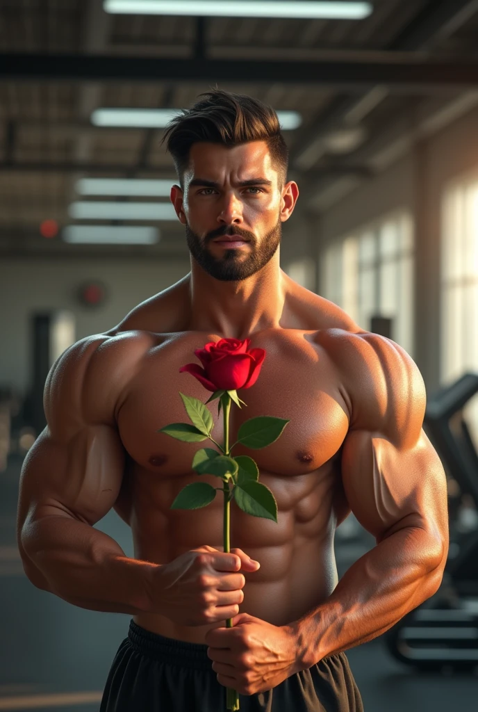 A man holding a rose flower in the gym after work out
