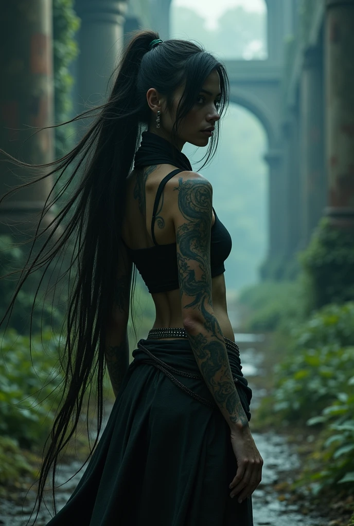night, very dimly lit, highly detailed, intricate, masterwork, random view angle, skinny female warrior, extensively tattooed, confidence, lost in thoughts, fantasy futuristic mixed setting, extremely long voluminous hair, long scarf, crop tank, low-rise maxi skirts, very strong directional wind, old abandoned overgrown ruins