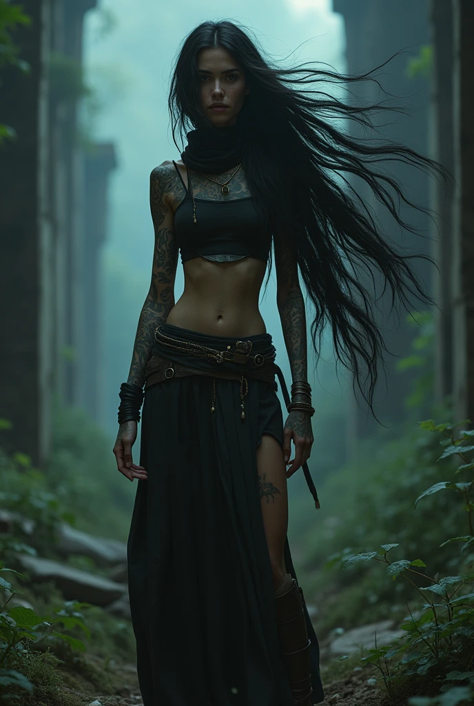 night, very dimly lit, highly detailed, intricate, masterwork, random view angle, skinny female warrior, extensively tattooed, confidence, lost in thoughts, fantasy futuristic mixed setting, extremely long voluminous hair, long scarf, crop tank, low-rise maxi skirts, very strong directional wind, old abandoned overgrown ruins