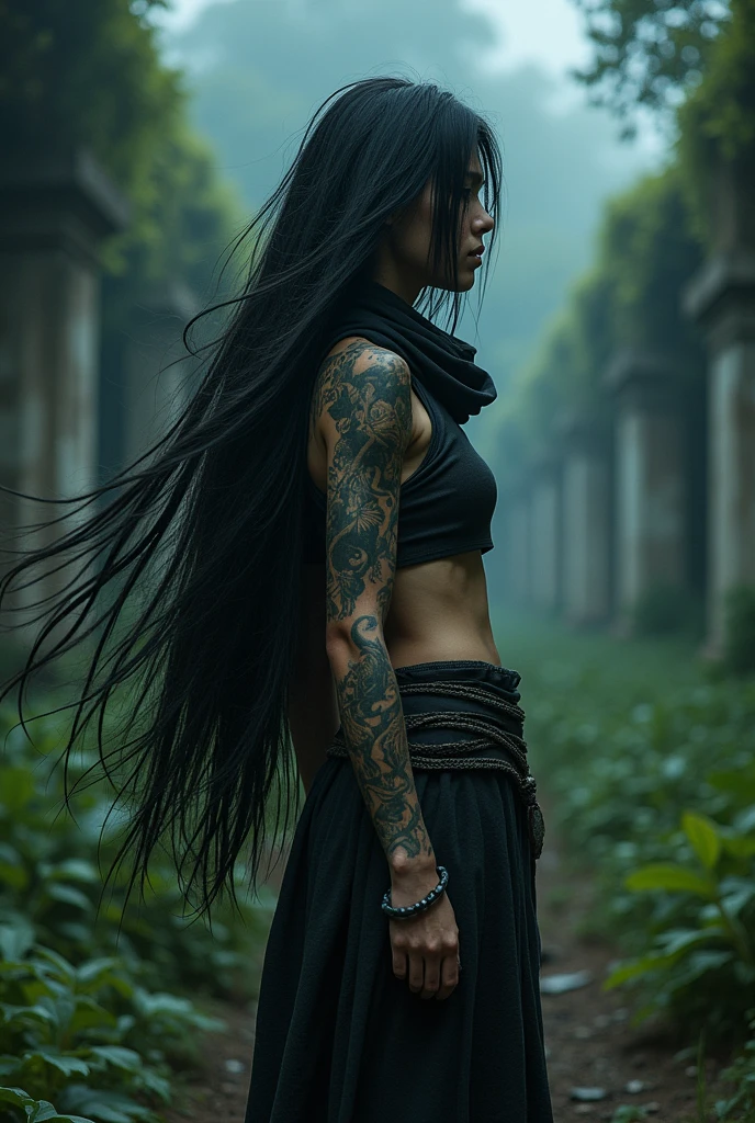 night, very dimly lit, highly detailed, intricate, masterwork, random view angle, skinny female warrior, extensively tattooed, confidence, lost in thoughts, fantasy futuristic mixed setting, extremely long voluminous hair, long scarf, crop tank, low-rise maxi skirts, very strong directional wind, old abandoned overgrown ruins