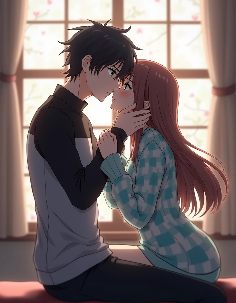 Create a Japanese anime style landscape image. The image depicts a romantic scene between two characters in an intimate embrace. The male character is sitting on a couch, wearing a gray and black long-sleeved shirt with a high collar. His hair is short, dark, and slightly tousled, complementing his sharp features. He is holding the female character close, with one hand on her back and the other gently placed on her upper arm.
The female character, dressed in a light blue and white checkered sweater, has long brown hair cascading down her back. She is sitting on the male character's lap, with her head tilted upward as they share a passionate kiss. Her hands rest on the male character's shoulders, pulling herself closer to him.
The background suggests an indoor setting with soft natural light streaming through large windows, creating a warm and intimate atmosphere. The colors are muted, with the focus on the couple, highlighting the emotional intensity of the moment. The scene conveys a sense of deep affection and tenderness between the two characters.