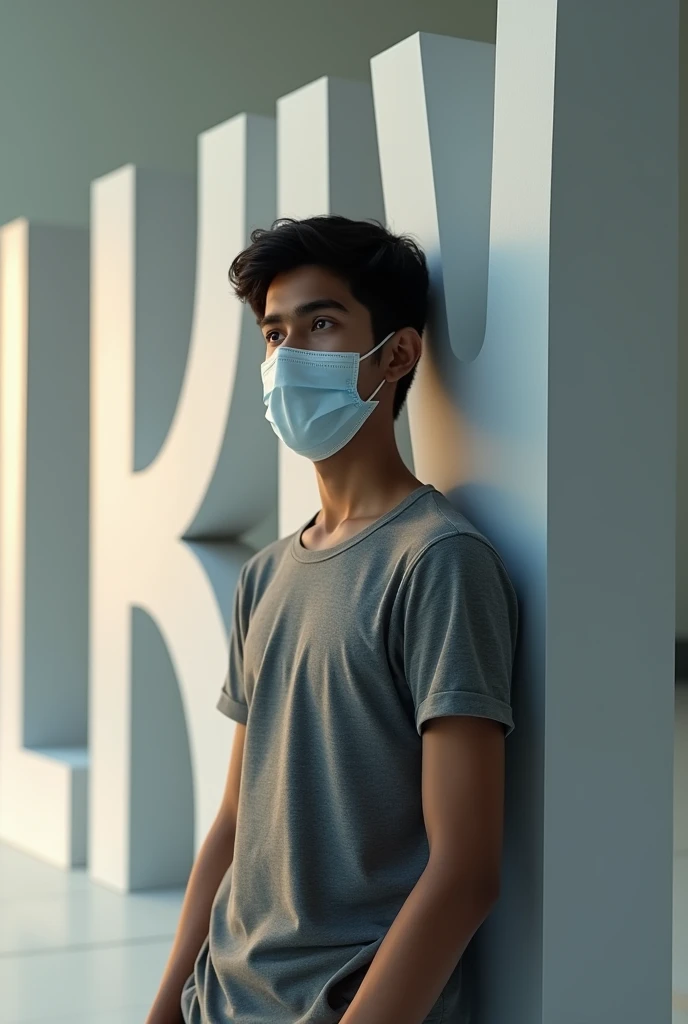 Indian 17 year boy wearing mask lean on 3d letter lucky behind him full body and all words
