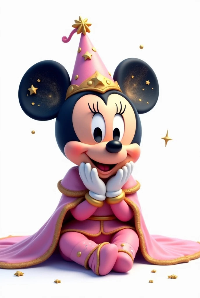 Create a white background image of baby Minnie Mouse wearing an elaborate fantasy-themed outfit. Their ears should have a night sky design with gold stars and swirling patterns.. Minnie's face should have her classic happy expression with bright eyes, round nose and a wide smile. Your clothing should resemble your real appearance., Predominantly pink with intricate gold embellishments. The costume should feature rich and heavenly patterns., with a high collar and a luxurious cape draping behind it. The overall aesthetic should be magical and majestic., making Minnie look like a character from a fantasy kingdom. Minnie Mouse bebé, must be seated, and with both hands on the chin. Minnie Mouse, must have a pink conical birthday hat, white and gold in 3d