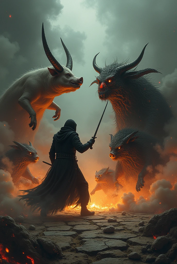 pig, peacock and bull in hell fighting against a human in black