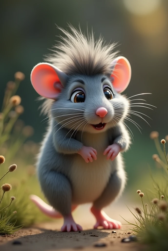 A gray mouse with mullet haircut and the back of hair is 2/3 of it's body length without counting the tail