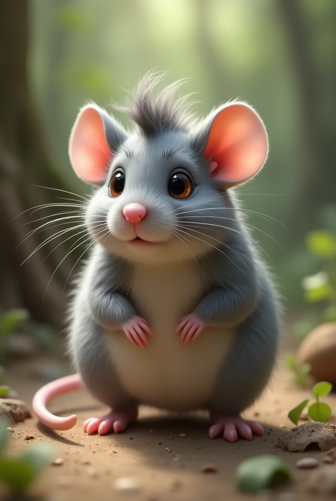 A gray mouse with mullet haircut and the back of hair is 2/3 of it's body length without counting the tail