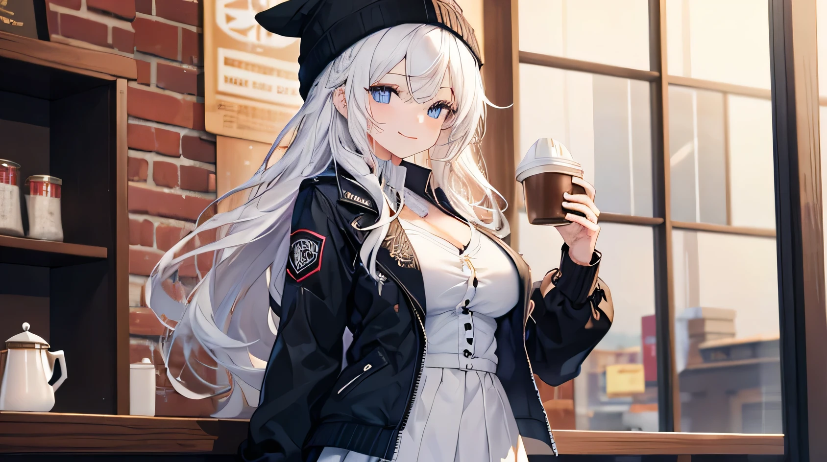 masterpiece, high quality, A pretty woman, Long hair, wavy hair, White hair, blue eyes, smiling face, big breasts, juicy breasts, Open shirt, short skirt, black jacket, black beanie hat, background of a coffee shop