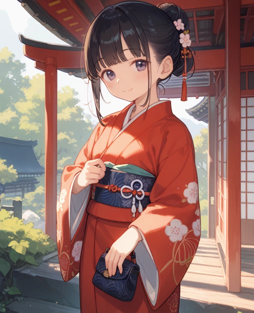 1girl, 独奏, Long-sleeved kimono, fur, 梅の花柄のLong-sleeved kimono, standing, smiling, Bun Hair, Neat bangs, blush, Shrine Background, morning, Sunlight, Pretty Obi, White Breath, Holding a small purse in both hands, 