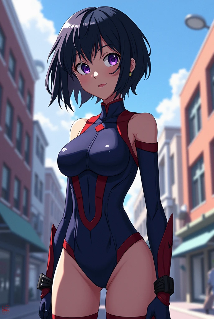 You can create a character with that description in My hero academia version A girl with short black hair, purple eyes and white skin, a slim and well-formed body