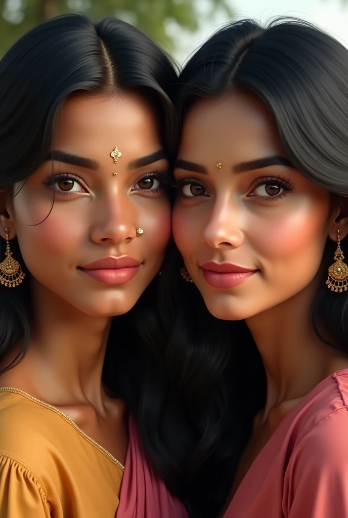 Create a realistic and stunning image of a 2 Indian woman. She has warm, glowing, medium-brown skin with a smooth texture. Her large, almond-shaped eyes are deep brown, with long, thick eyelashes framing them. Her eyebrows are slightly arched, full, and well-groomed, adding to her expressive gaze. Her nose is slender and slightly upturned, complementing the symmetry of her face. She has full, soft lips with a natural pink hue, slightly curved into a gentle, inviting smile. Her straight, jet-black hair cascades down to her shoulders, with a subtle shine, and a few strands gently frame her face. Her ears are delicately shaped, adorned with small, traditional gold earrings. The background should be softly blurred to keep the focus on her face, with natural lighting that highlights her features without any harsh shadows.