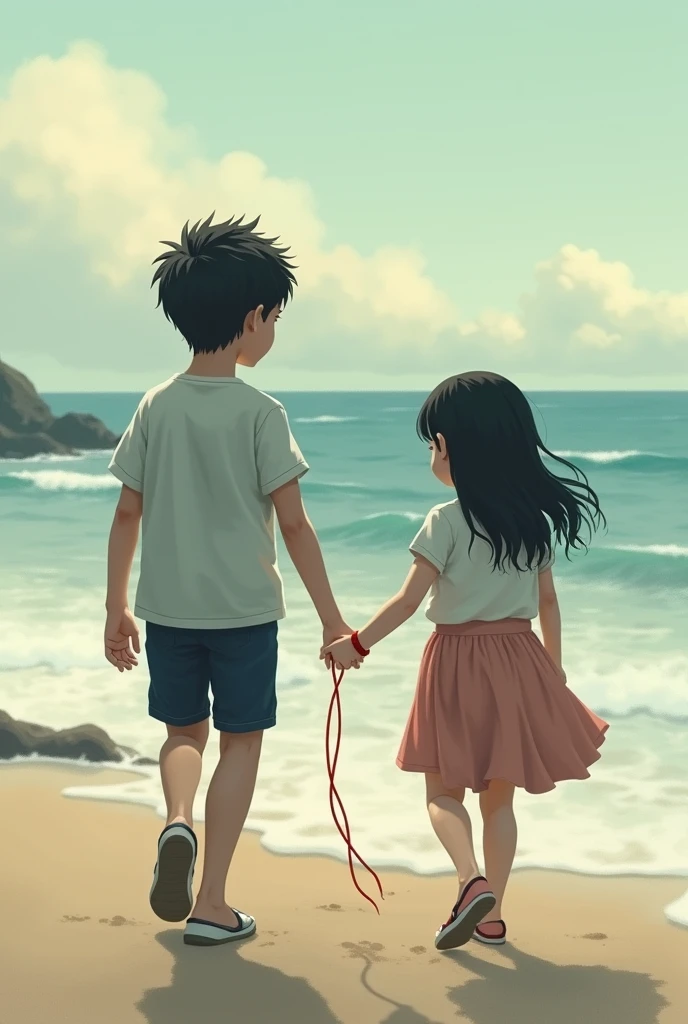 Swell and sand, A boy walking with his back to the girl and she with her back to him with her head to the side trying to look at him with a red thread on her wrists