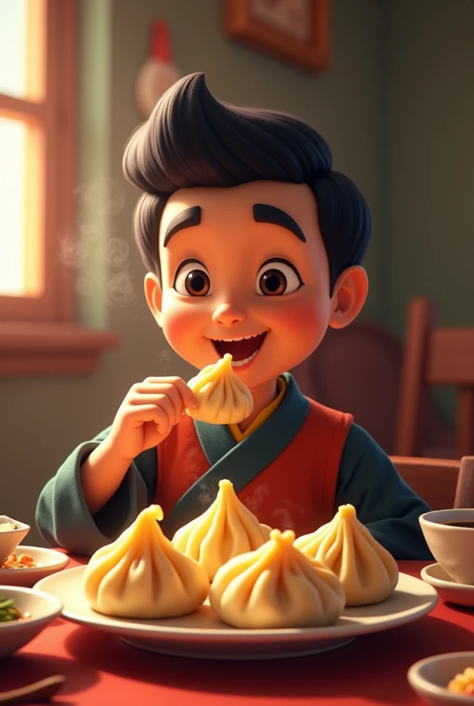 (photorealism:1.2), nepali excited vector boy with in newari black dress and nepali dhaka topi with take a local typical momos plate