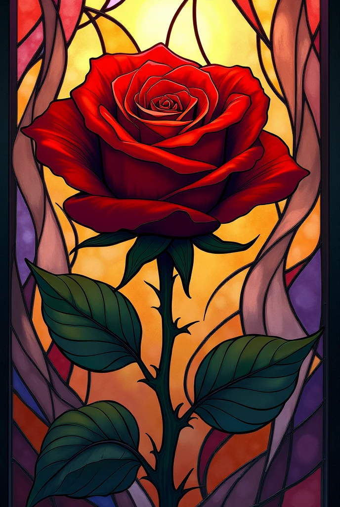 Draw a stained glass picture of a red rose with dark thorns and vivid colors around it